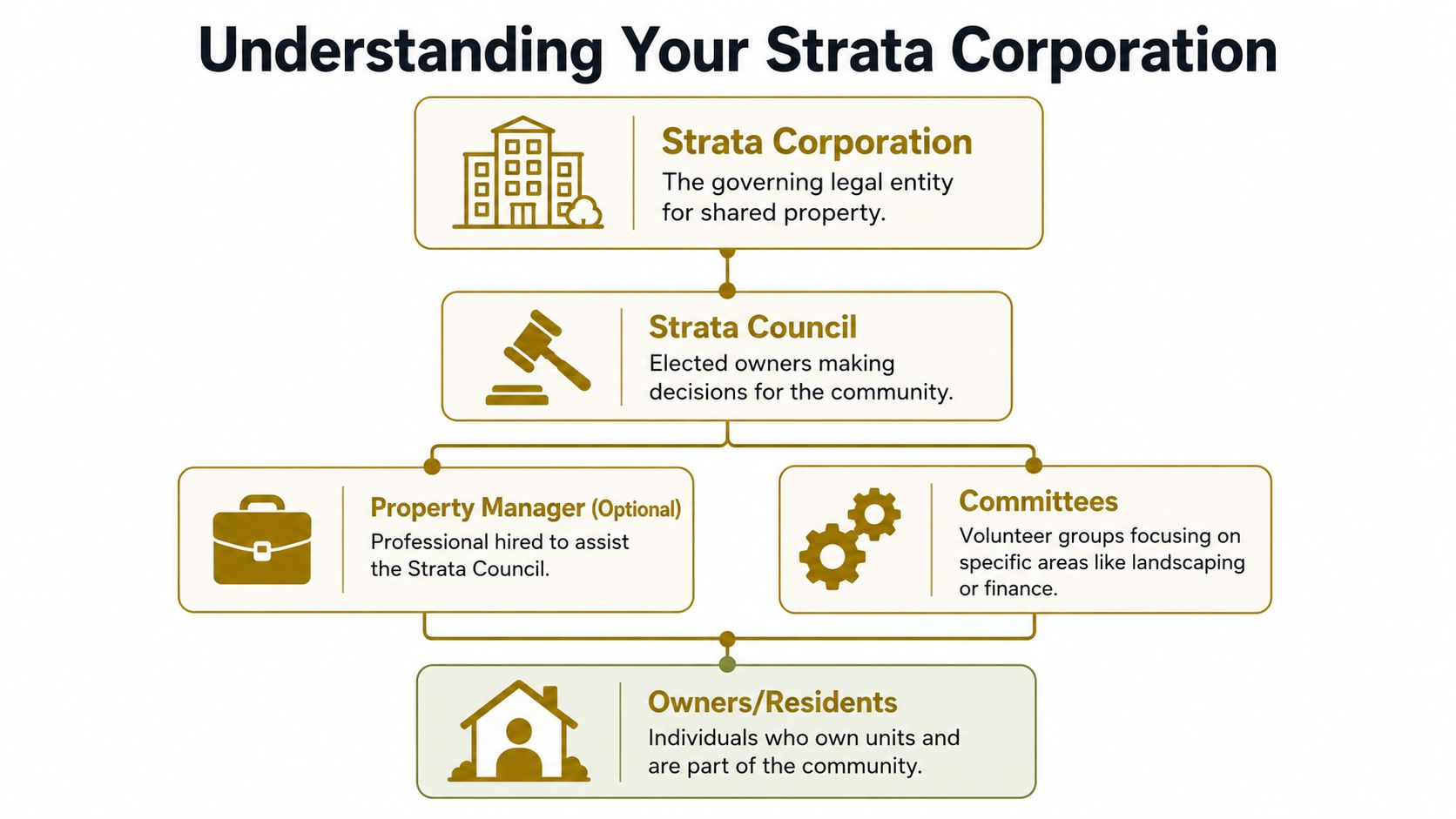 An organizational chart showing the structure of a strata corporation including the council, managers, and residents.