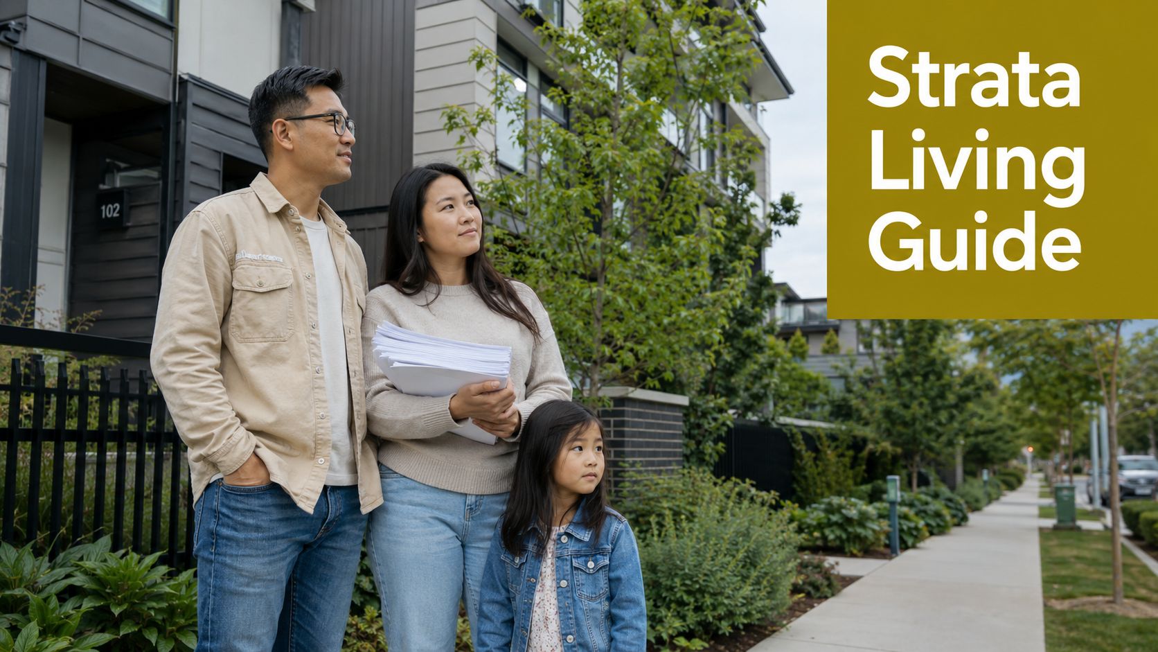 An Asian family standing in front of a modern strata property, looking up while holding documents.