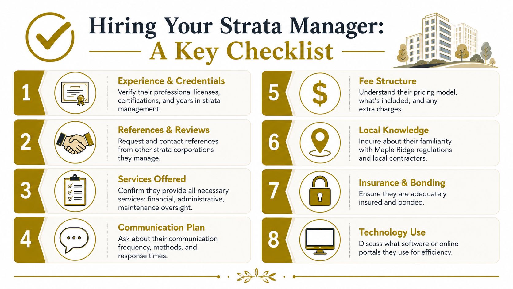An infographic checklist guiding readers through the eight essential steps for hiring a professional strata property manager.