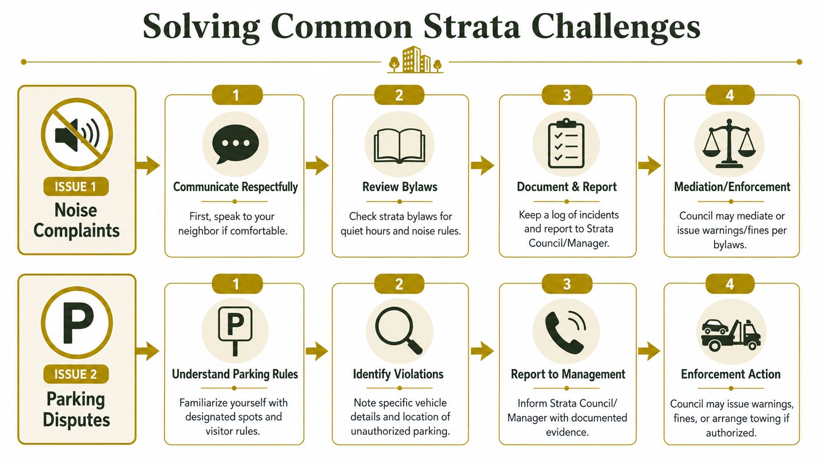 An infographic showing step-by-step processes for resolving common strata property management issues like noise and parking.