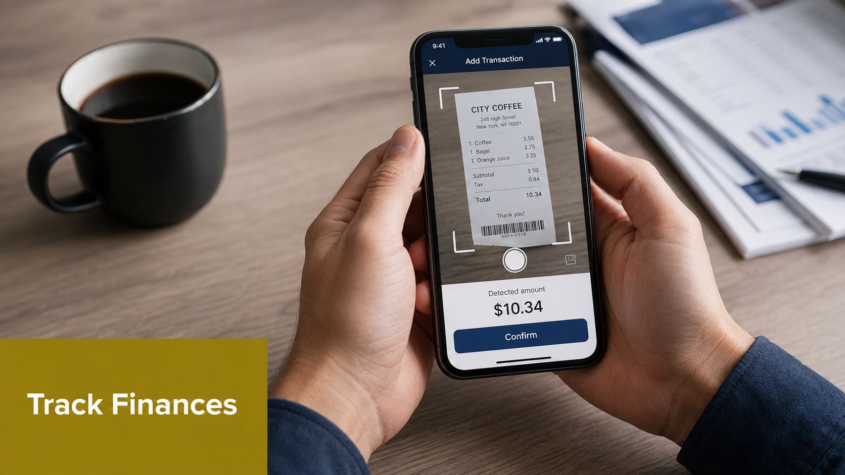A person using a mobile app on their smartphone to scan a paper receipt for expense tracking.