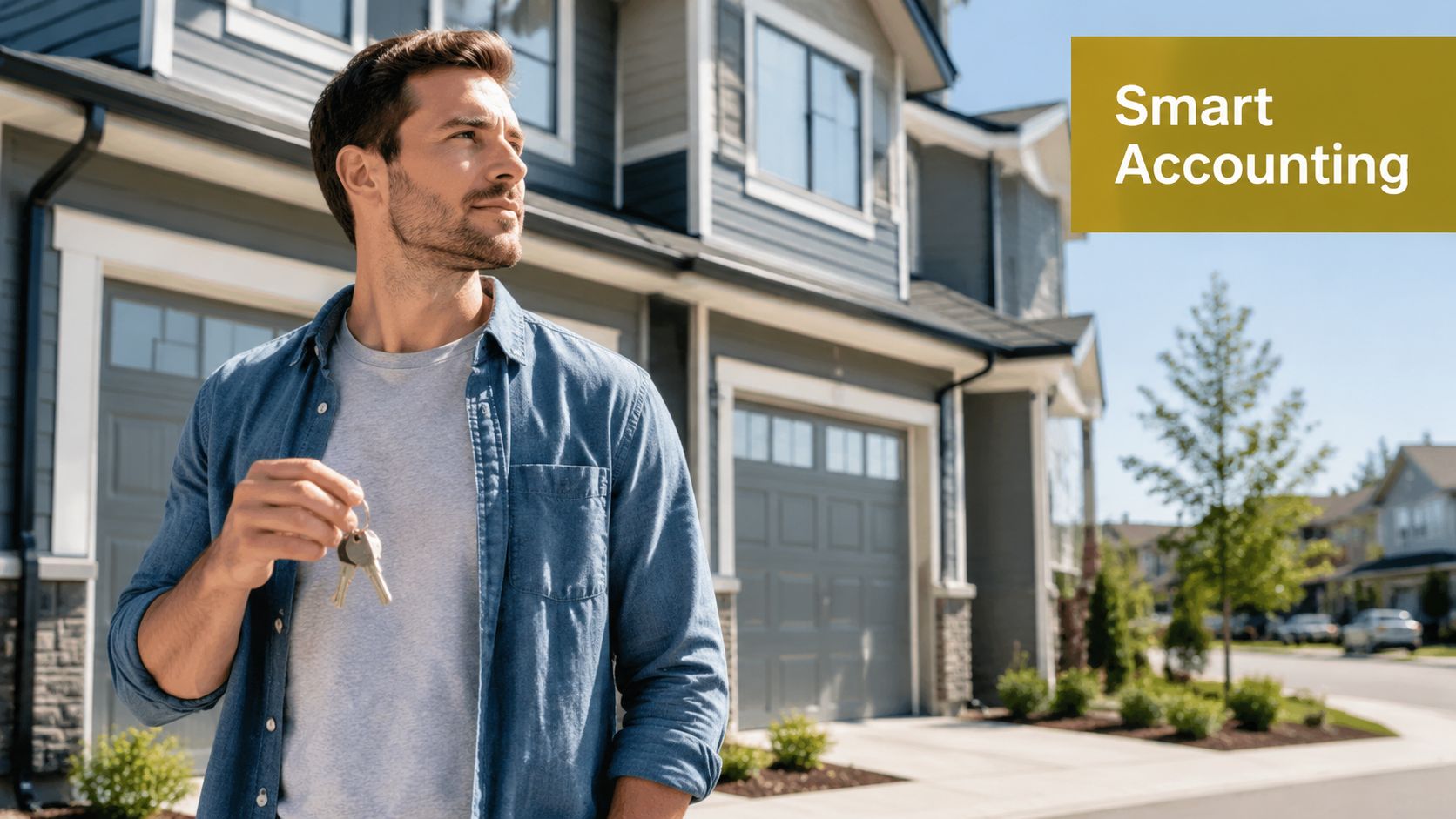 A man smiling confidently while holding a set of keys in front of his new rental property.