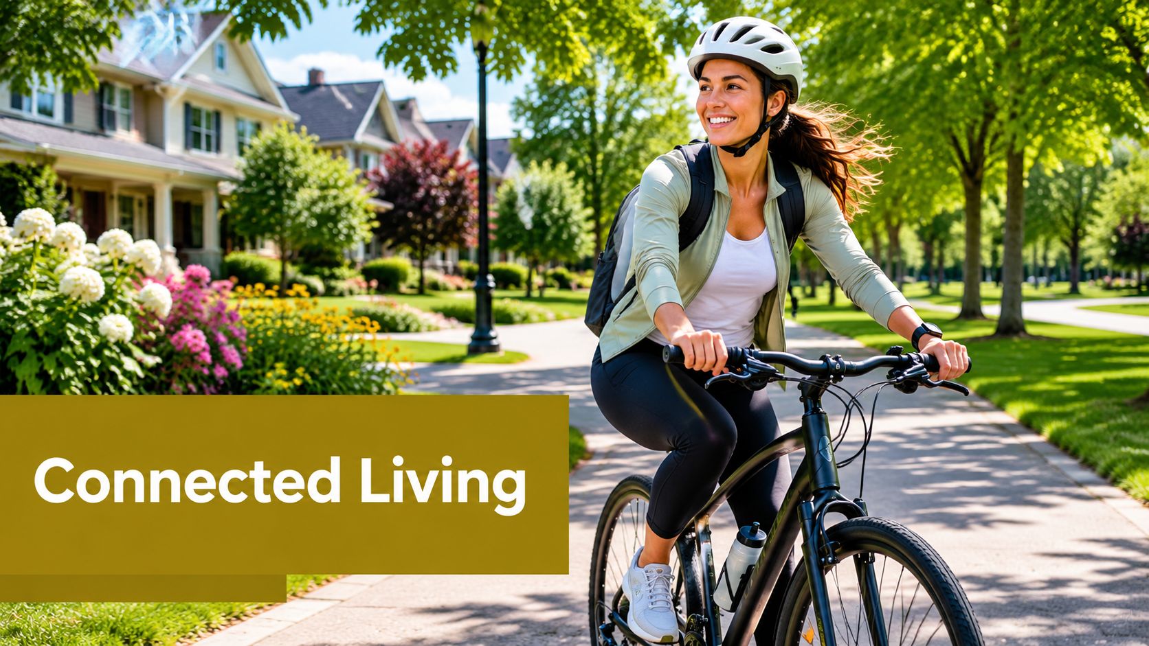 A smiling woman wearing a helmet cycles along a suburban path in front of beautiful residential homes.