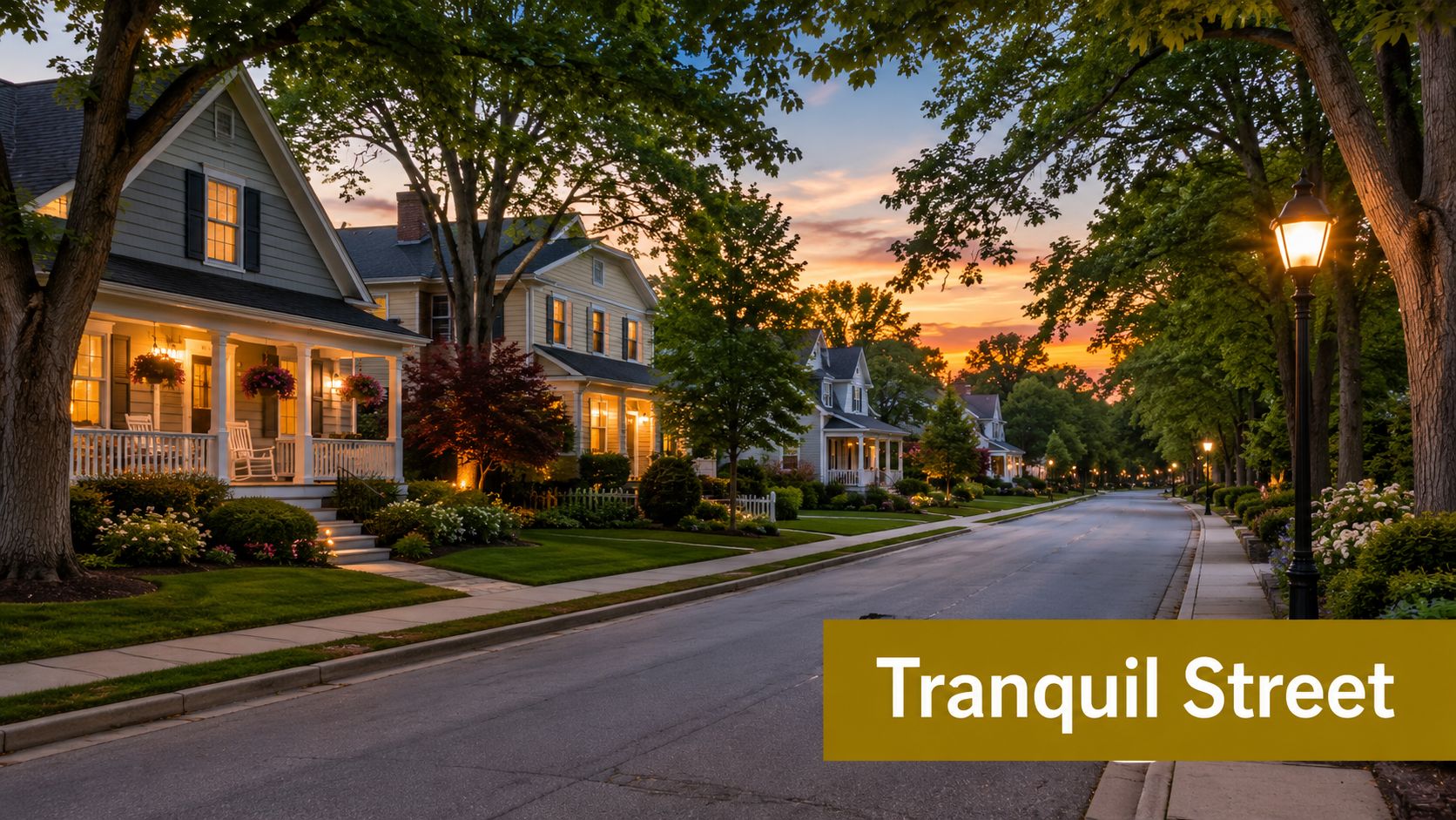 A quiet residential street with charming houses and green trees under a beautiful sunset sky at dusk.