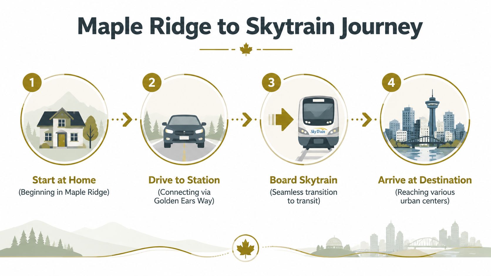 A diagram illustrating a four-step commute journey from Maple Ridge homes via car to the Skytrain.