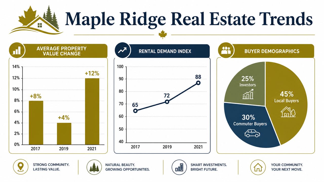 An infographic showing Maple Ridge real estate trends with property value, rental demand, and buyer demographic charts.