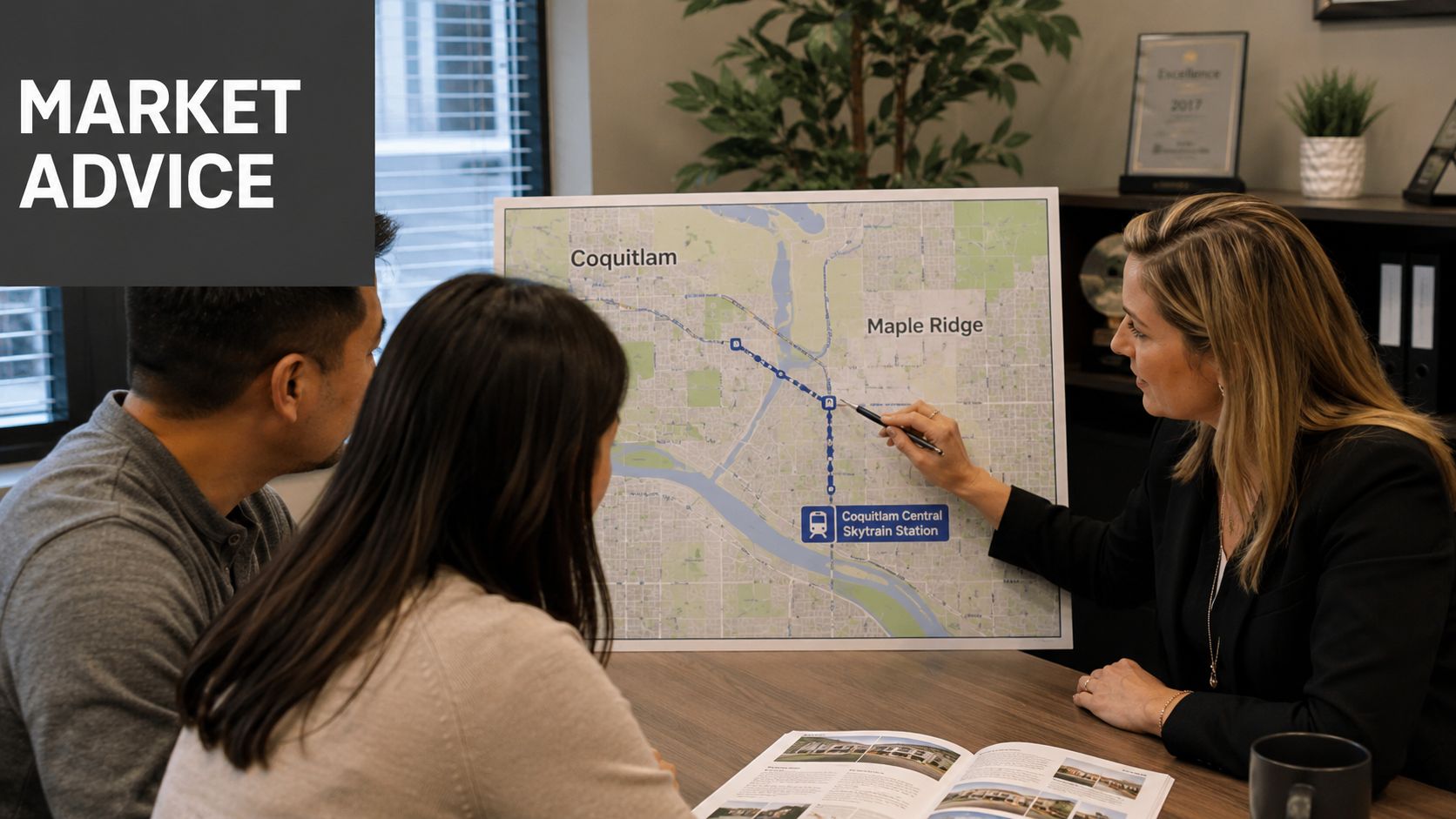 A real estate professional shows a couple a map featuring the Coquitlam Central Skytrain Station location.