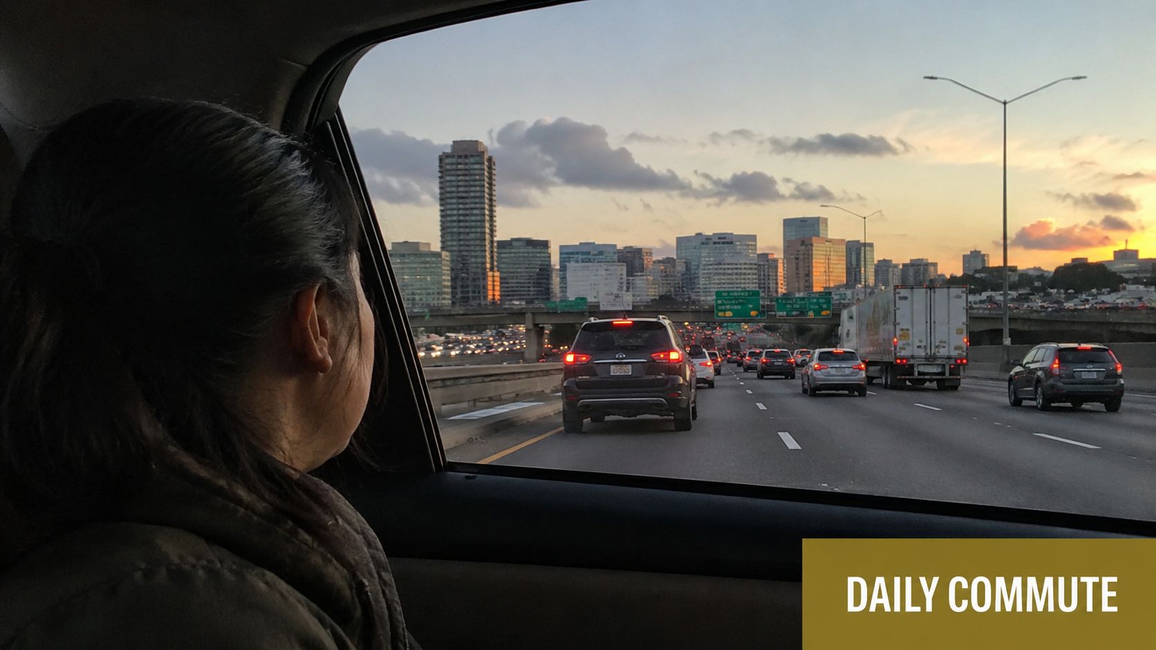 A view from inside a car looking out at heavy city highway traffic during sunset.