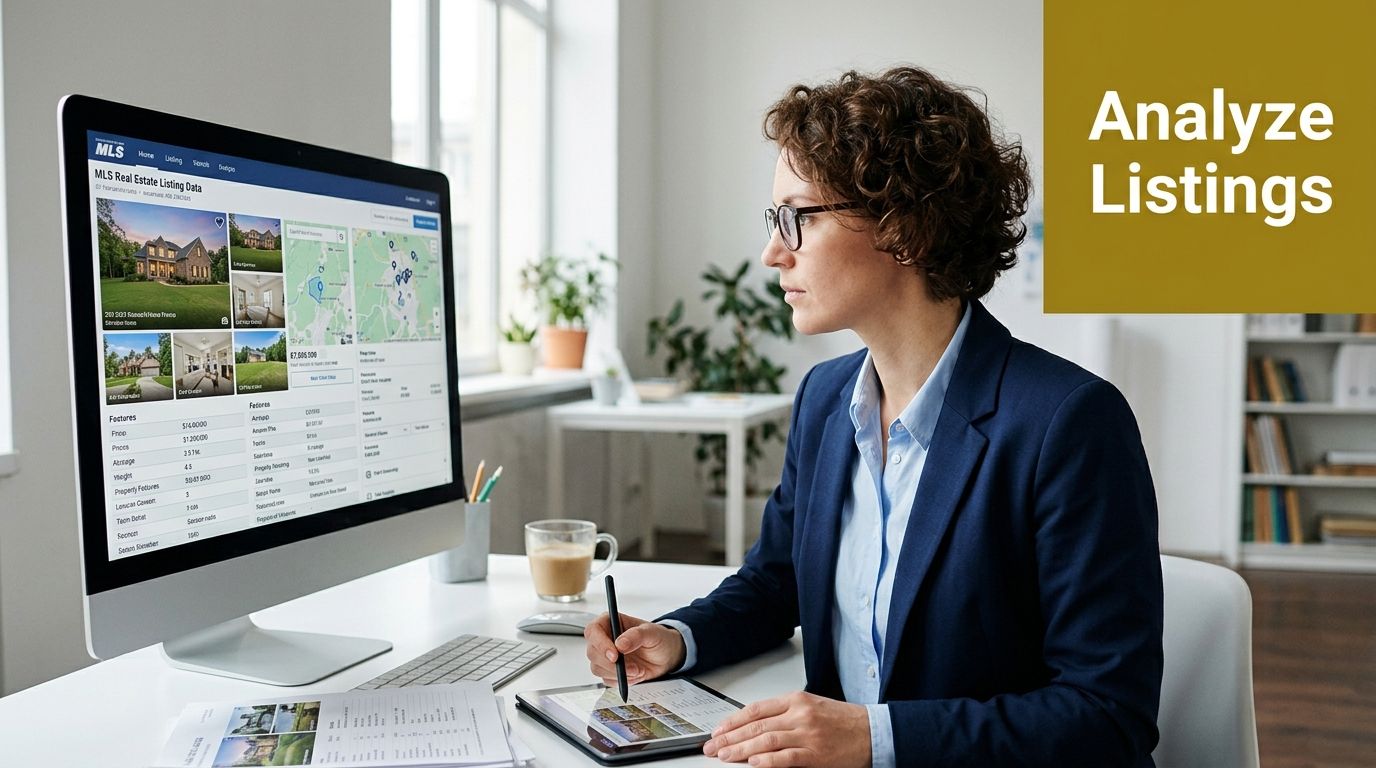 A professional woman in a blazer analyzing real estate listings on a computer screen in an office.