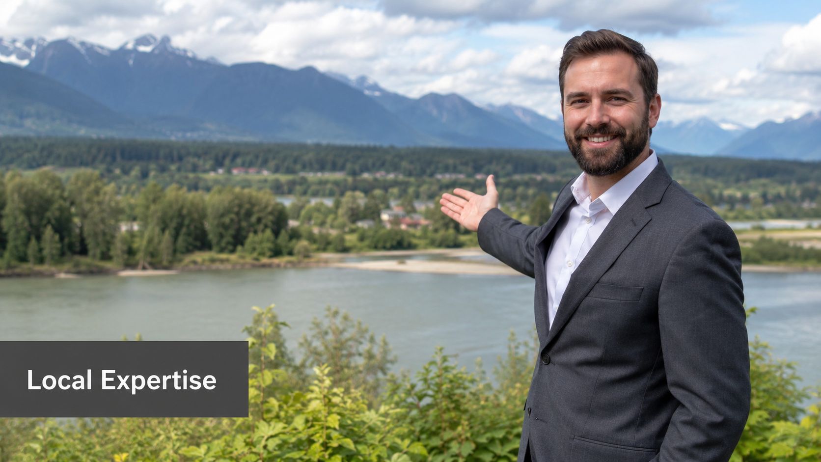 A professional real estate agent gesturing towards a scenic river view with mountains in the background.
