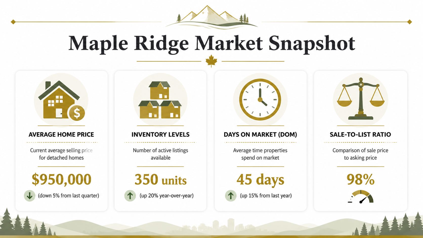 A real estate market snapshot infographic for Maple Ridge displaying home prices, inventory, days on market, and ratios.