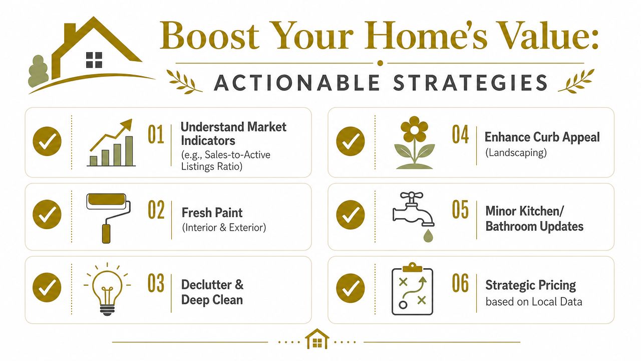 An infographic titled Boost Your Home's Value listing six actionable strategies for increasing real estate property worth.