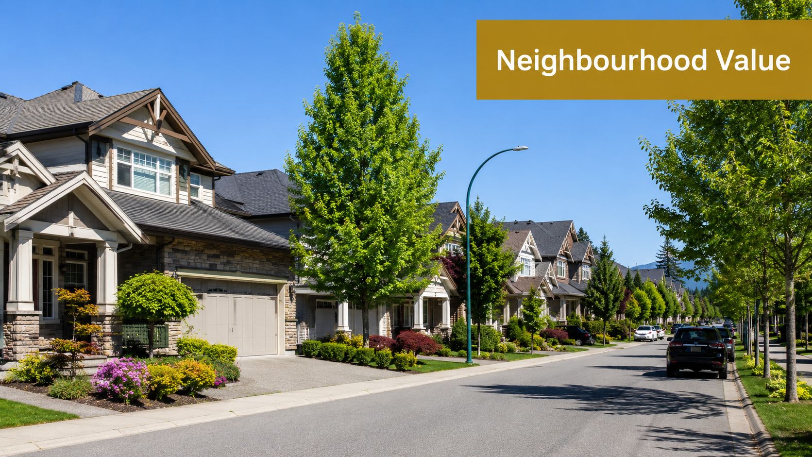 A quiet residential suburban street in Maple Ridge with modern homes and lush green trees.