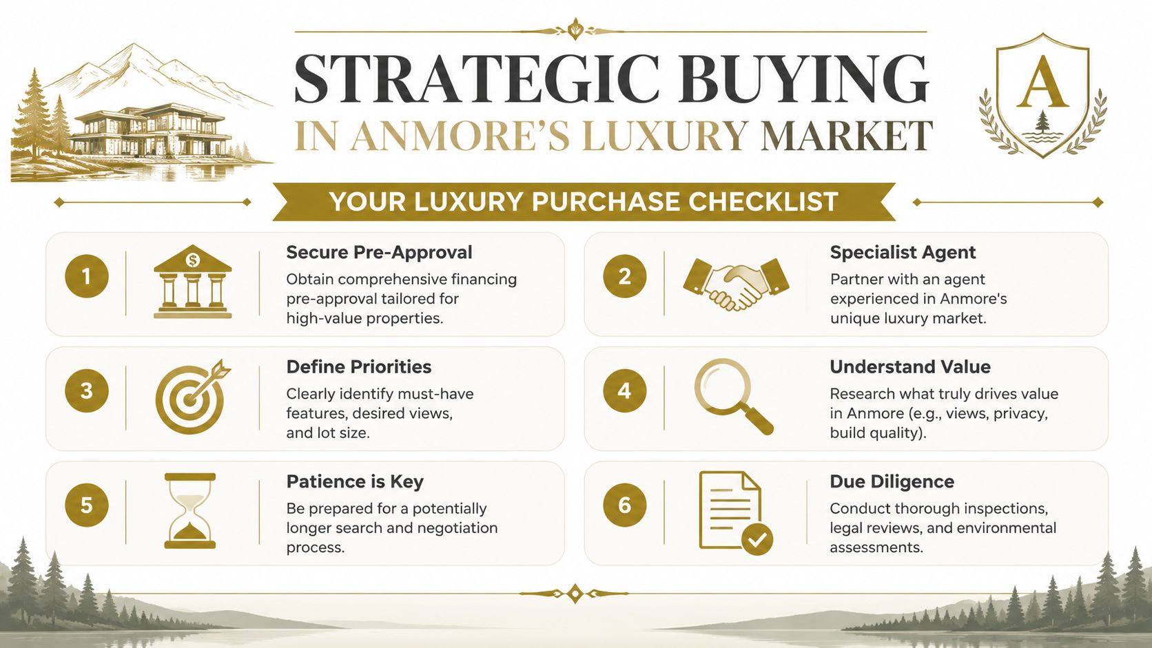 A six-step luxury home buying checklist graphic for strategic property acquisitions in the Anmore real estate market.