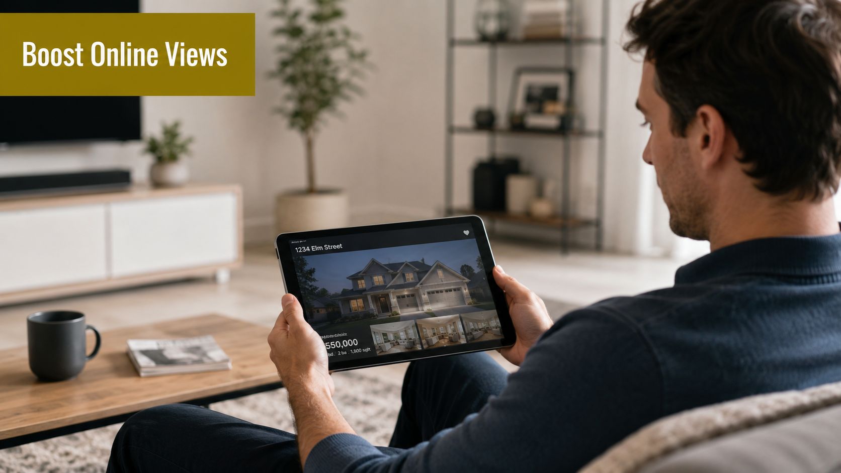 A man sitting on a sofa while viewing a real estate listing on a digital tablet screen.