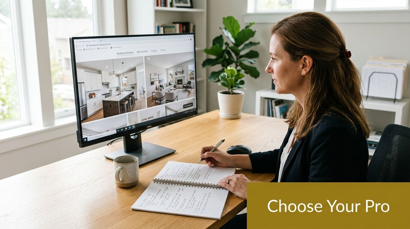 A professional woman working at her desk while viewing real estate photography on a computer monitor.