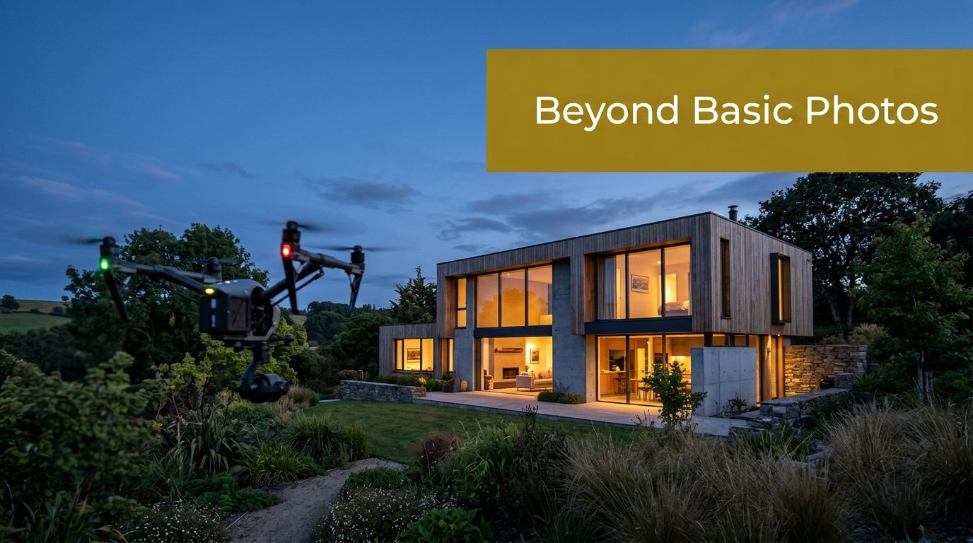 A drone flies over a beautiful modern house at twilight, capturing professional real estate footage.