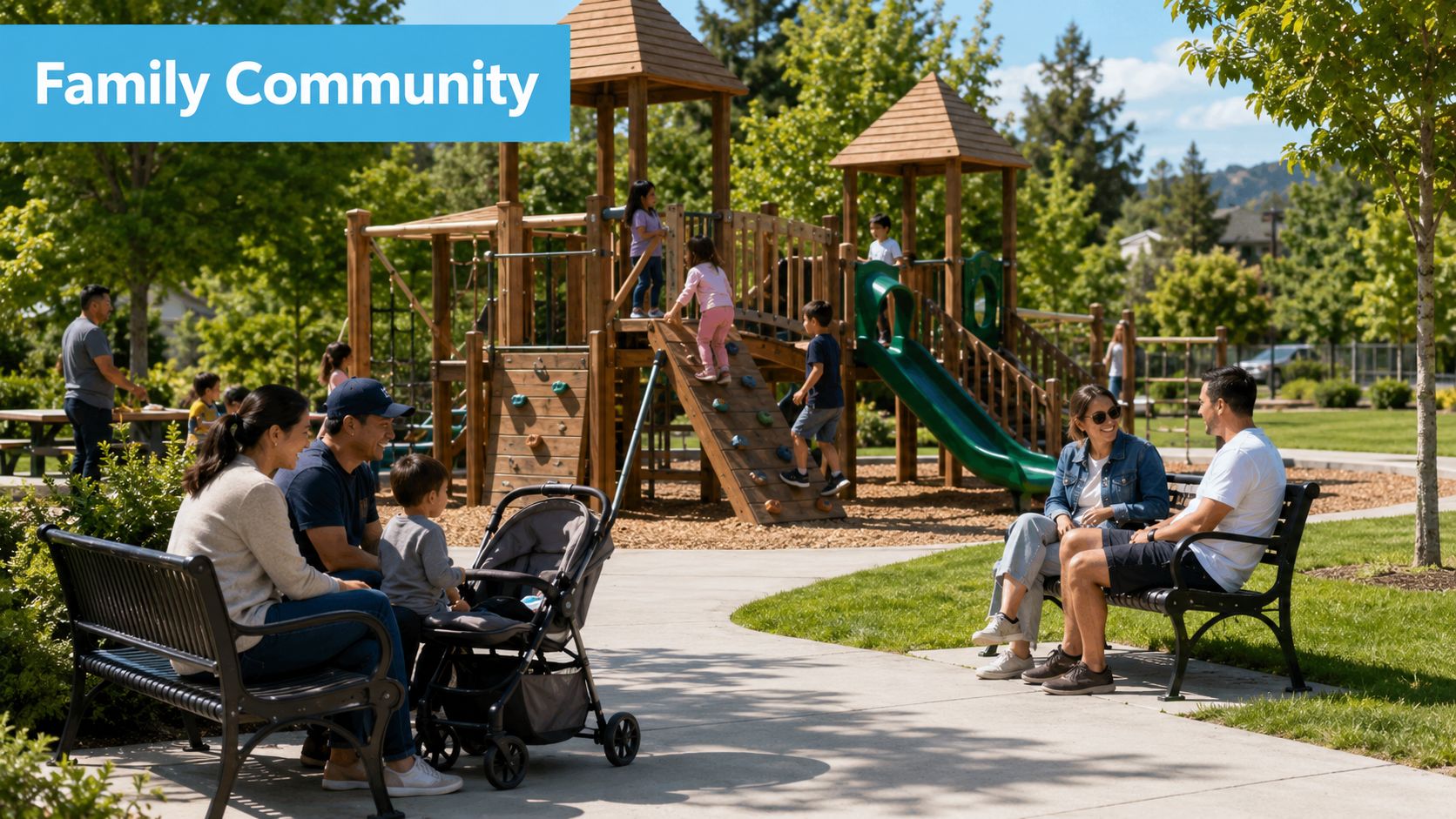 Families relaxing on benches in a sunny park with children playing on a wooden playground structure.