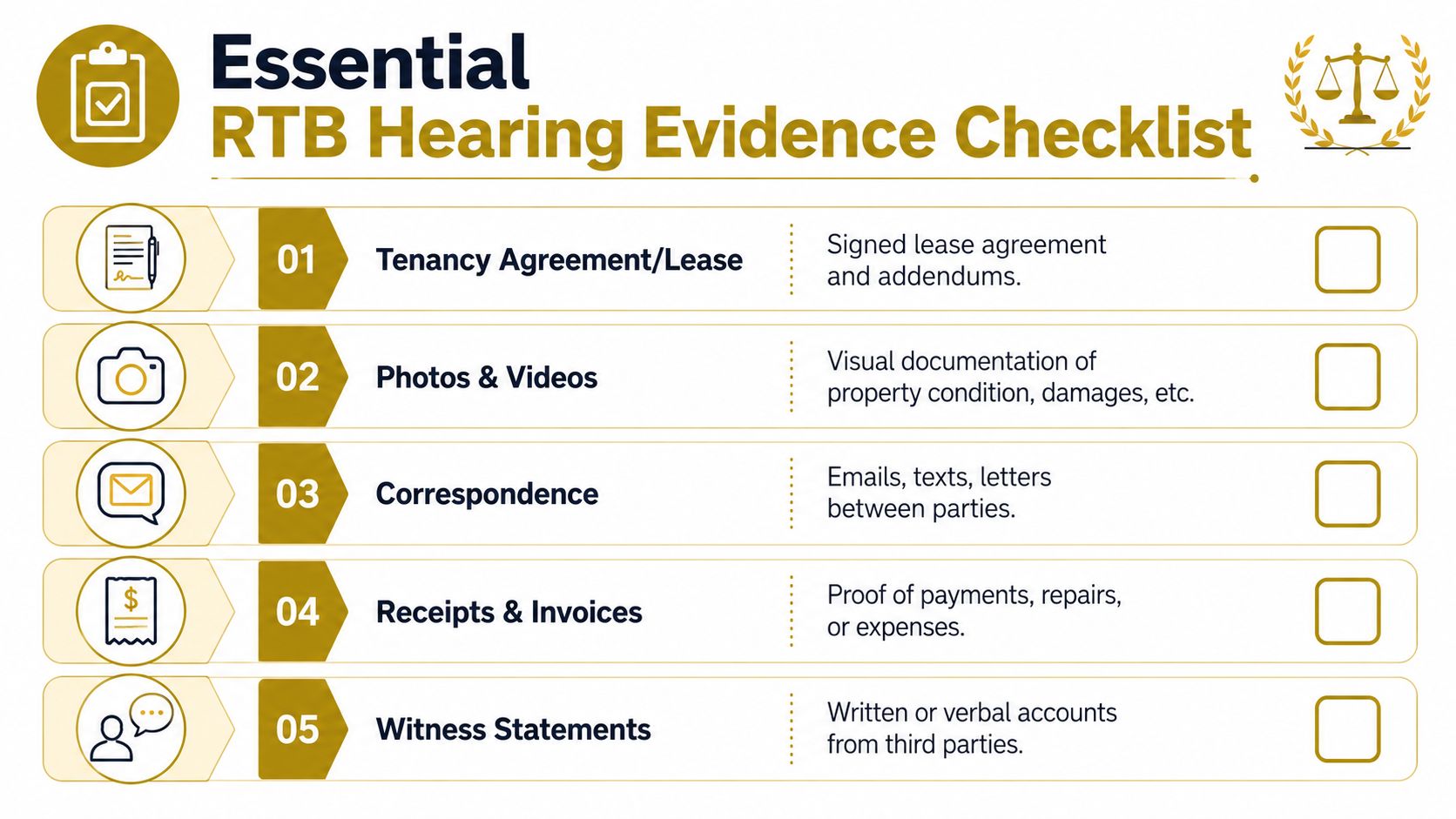 A checklist for RTB hearing evidence, listing documents like tenancy agreements, photos, correspondence, receipts, and witness statements.