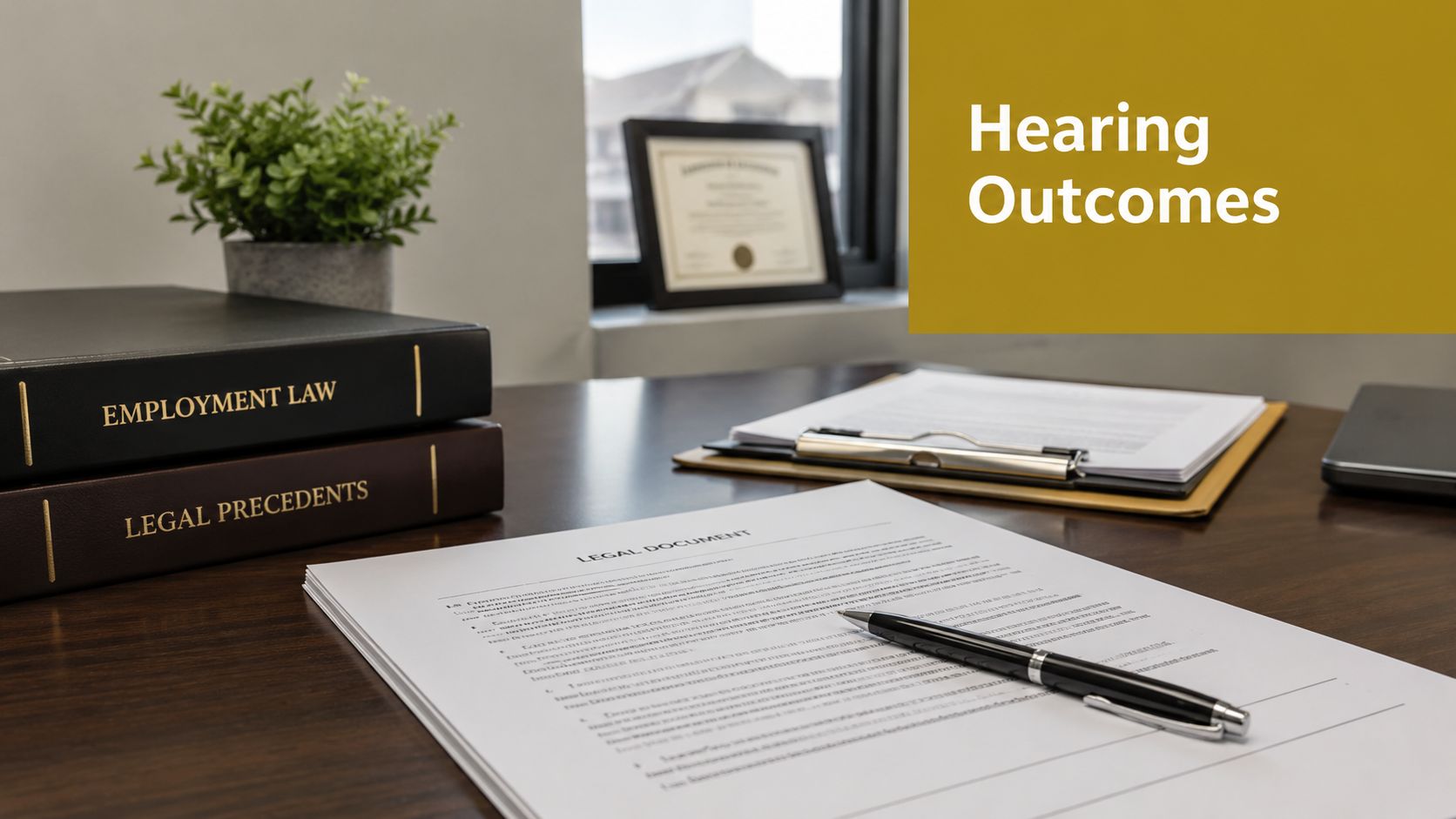 A legal desk with law books, a document, and a pen, emphasizing legal hearing outcomes and dispute resolution.