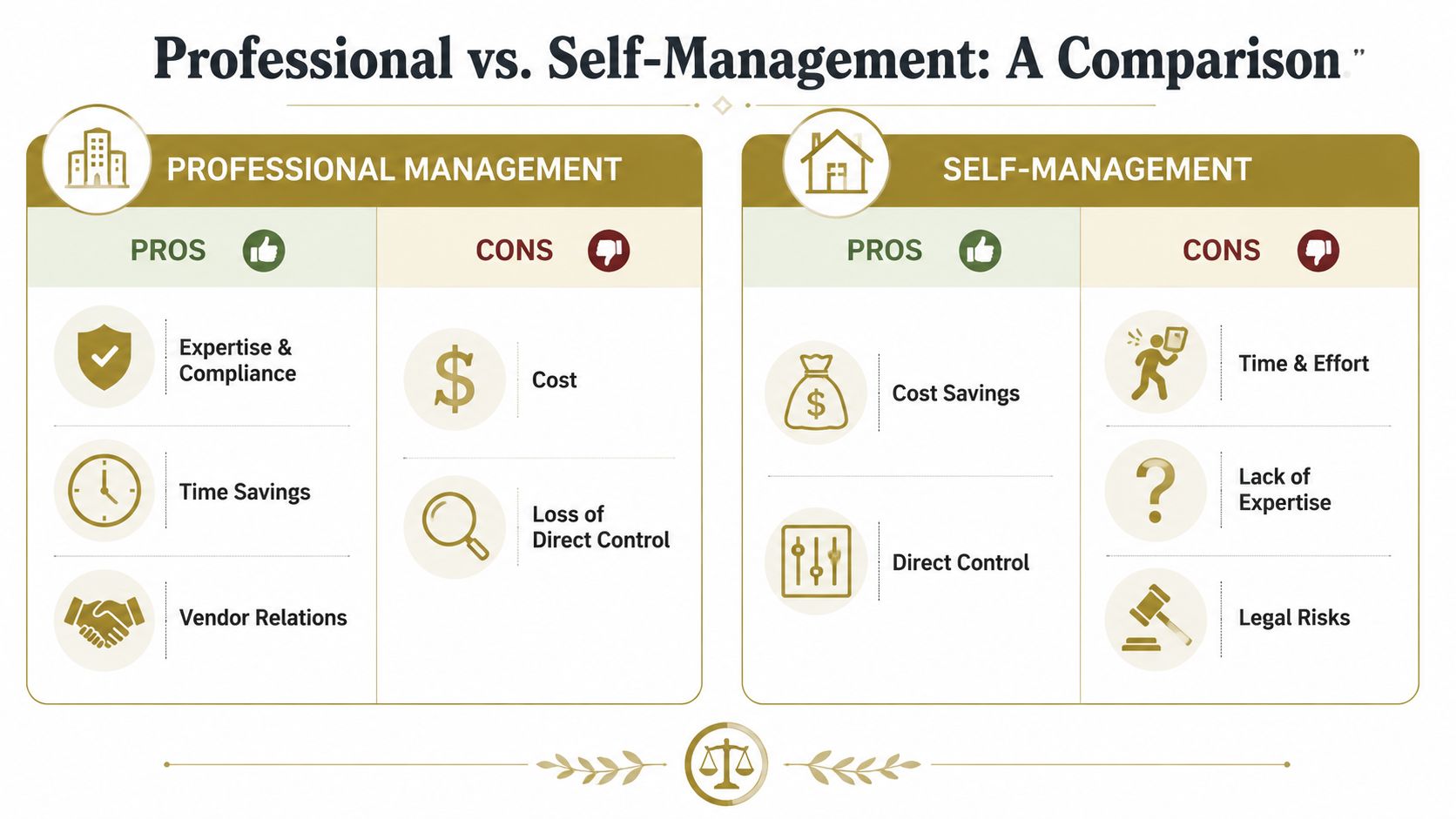 A comparison chart outlining the pros and cons of professional property management versus self-management approaches.