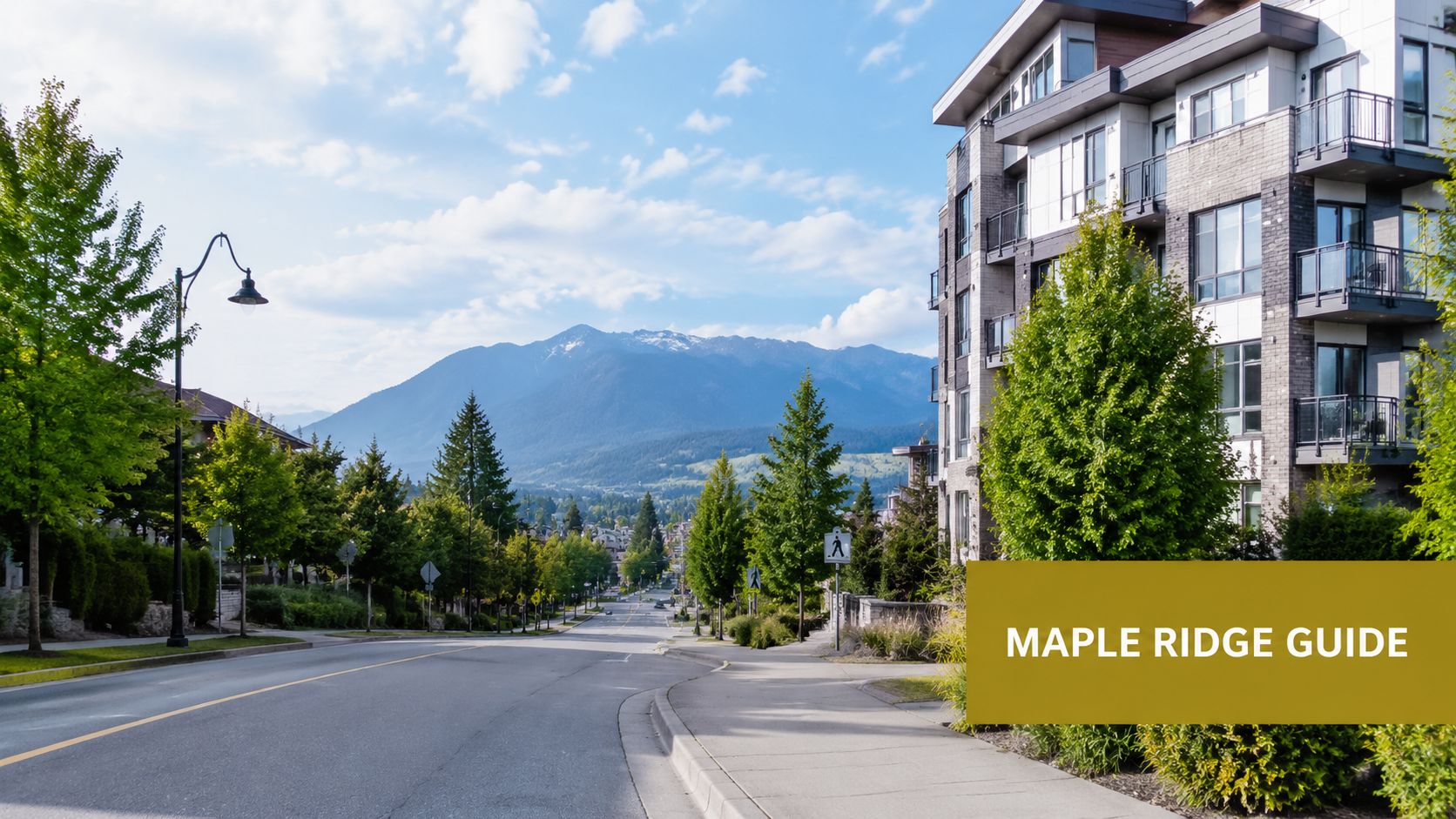 A quiet residential street in Maple Ridge with a modern apartment building and scenic mountain backdrop.