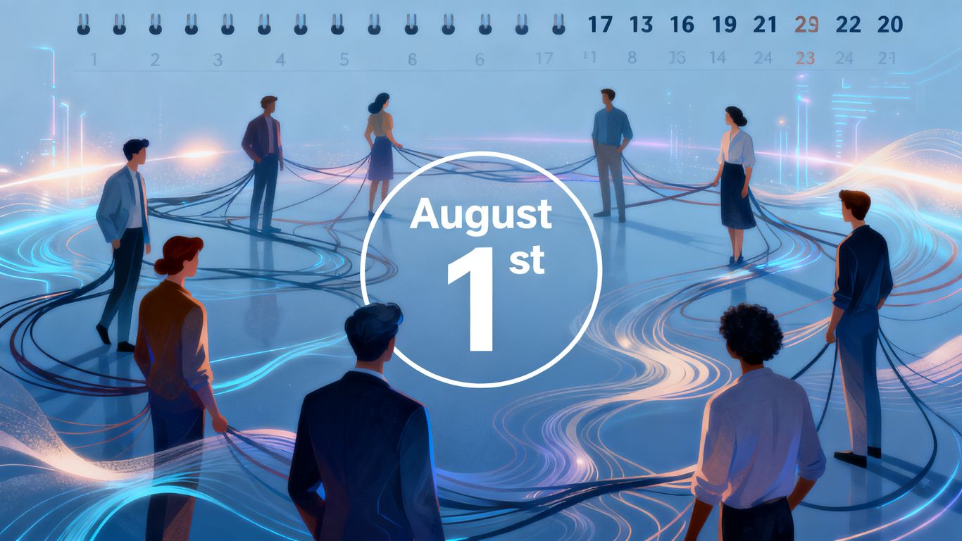 August 1st circled on a calendar, abstract lines connect diverse figures.
