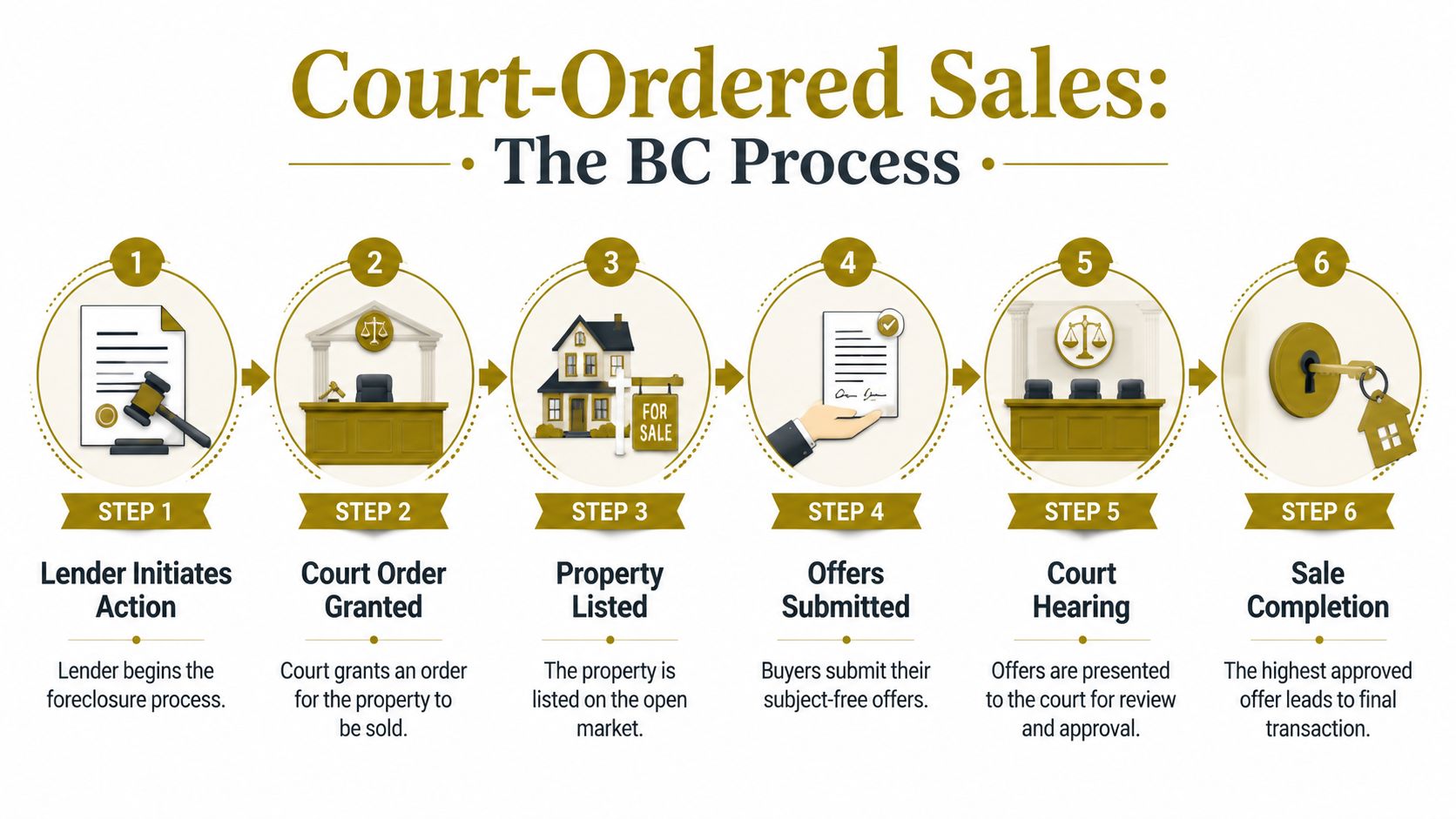 A six-step infographic explaining the British Columbia court-ordered property foreclosure and sale process for real estate.