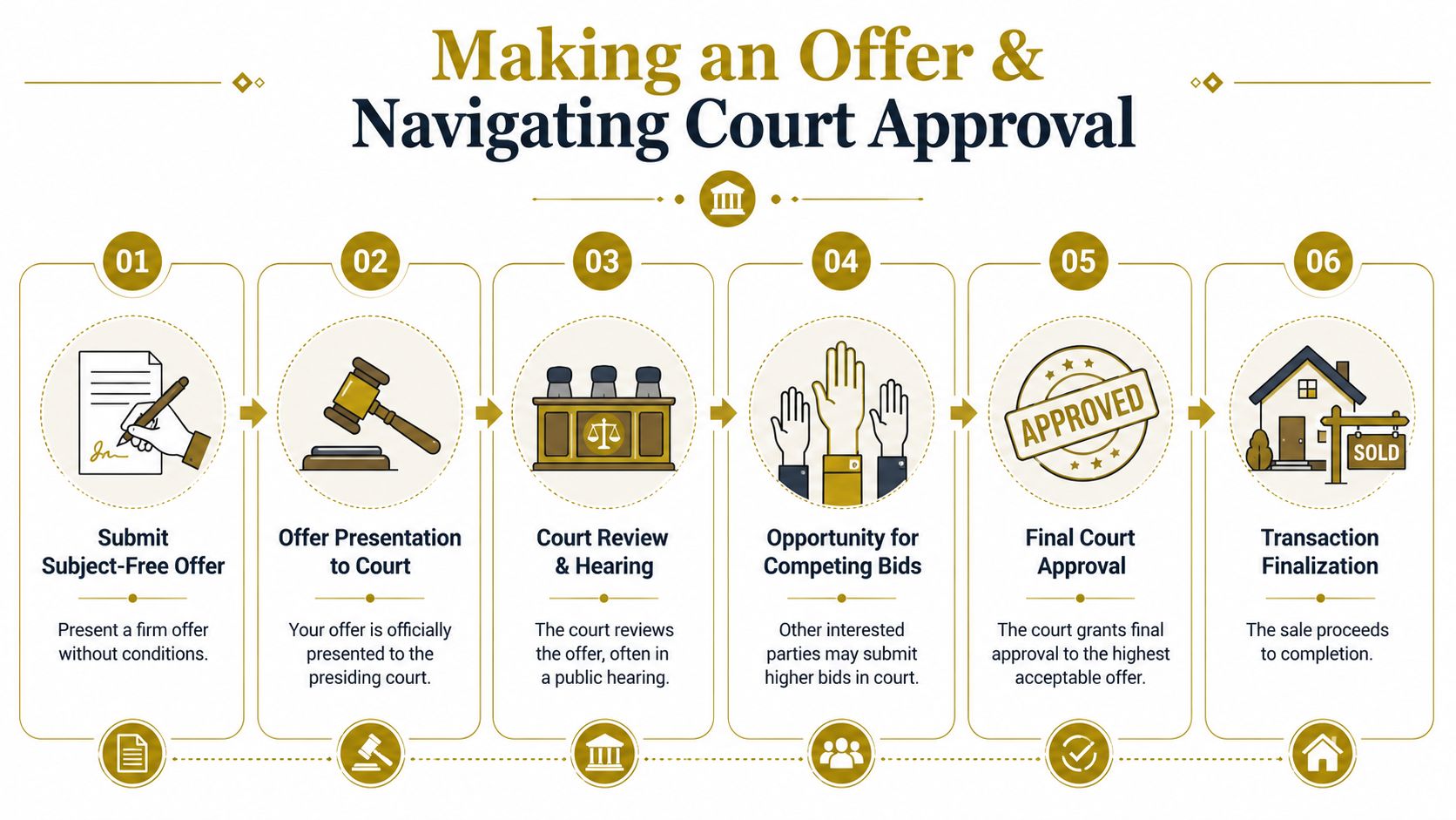 A six-step infographic explaining the legal process for making an offer on a court-ordered home sale.