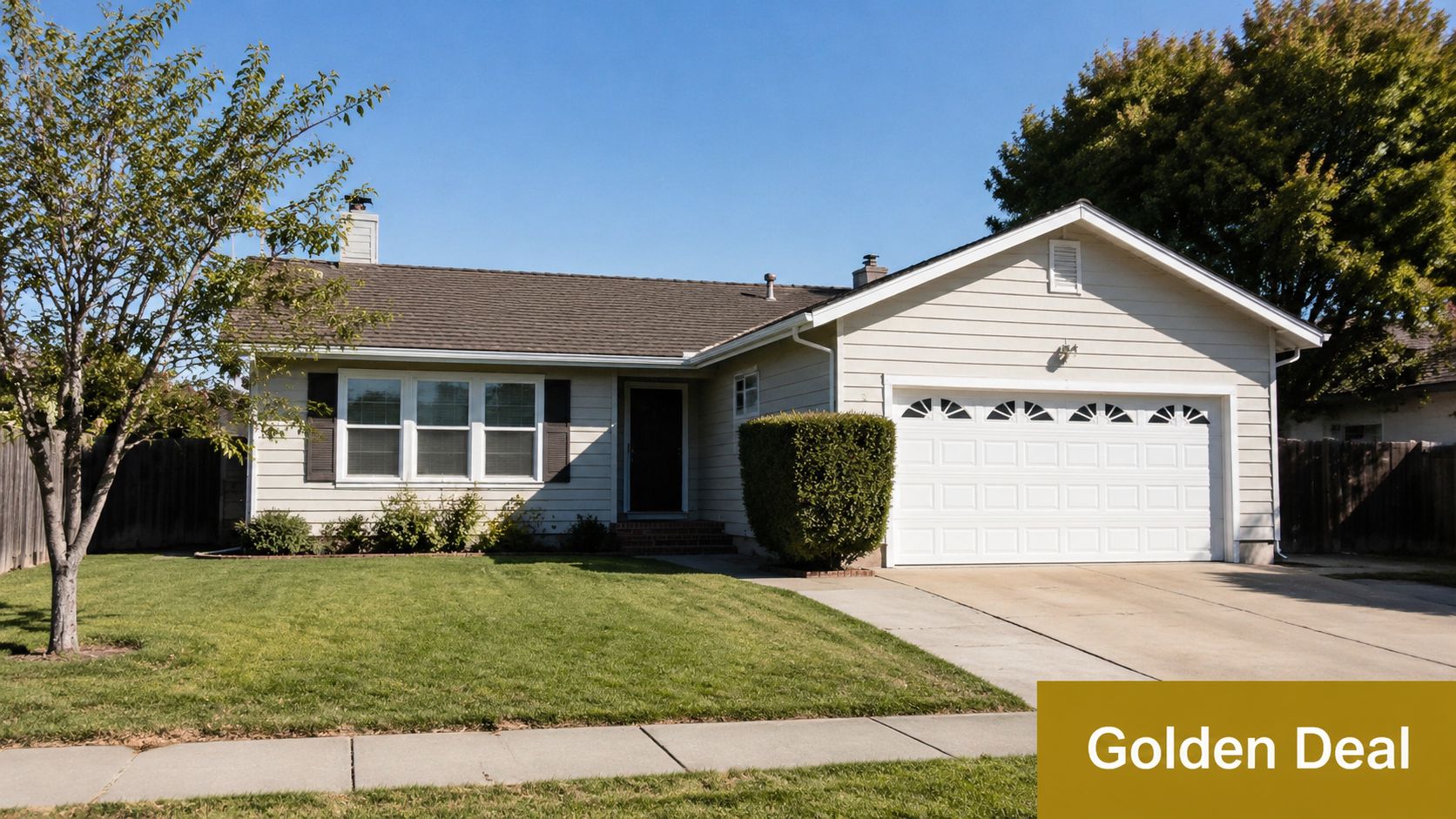 A single-story suburban house with beige siding, a two-car garage, and a neatly manicured green lawn.