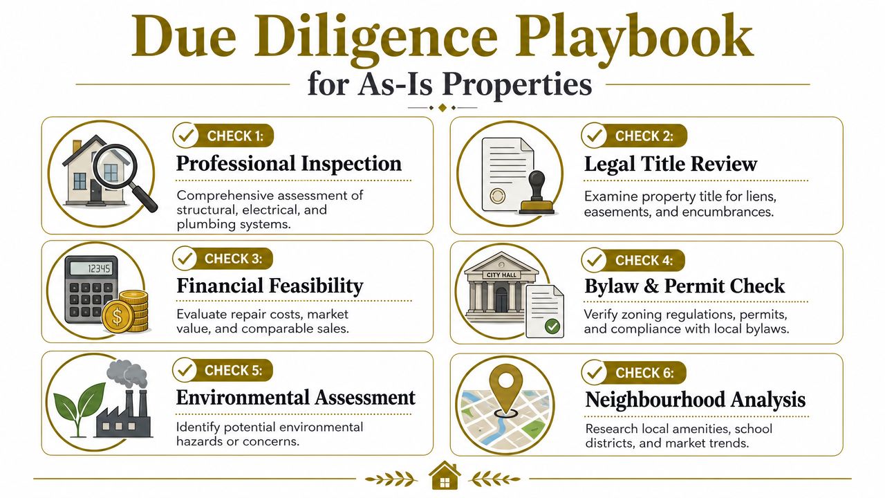 A checklist infographic titled Due Diligence Playbook for As-Is Properties detailing six essential property assessment steps.