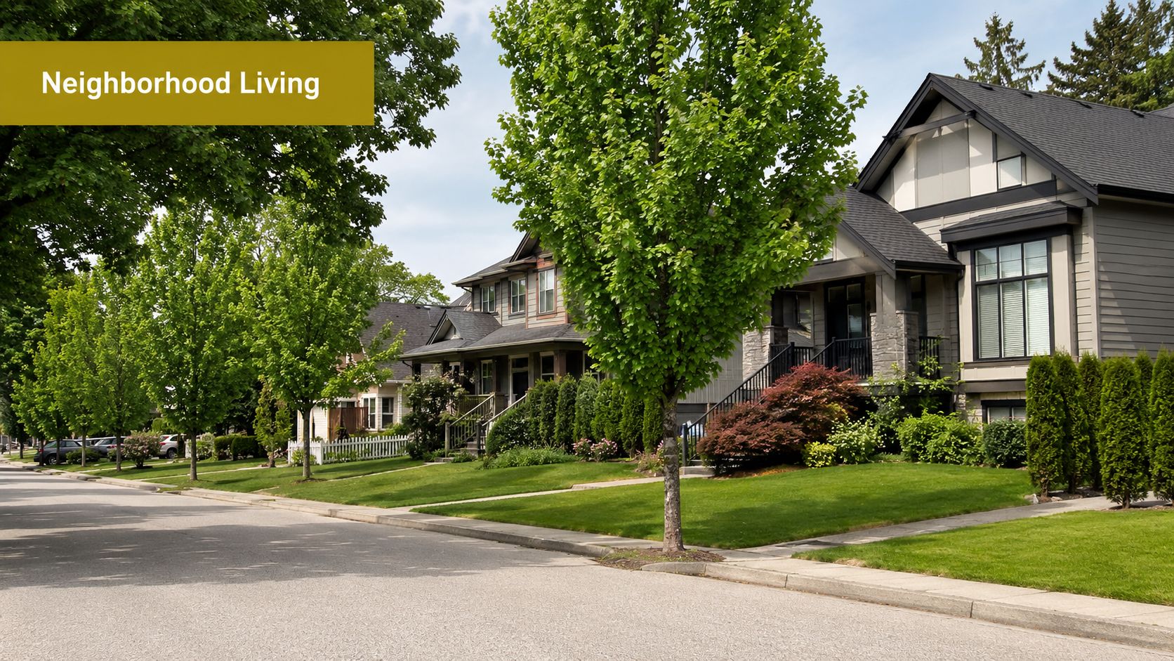 A quiet, tree-lined residential suburban street featuring well-maintained houses with green lawns during a sunny day.