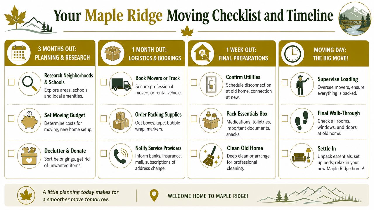 A structured moving checklist and timeline for people moving to the city of Maple Ridge, British Columbia.