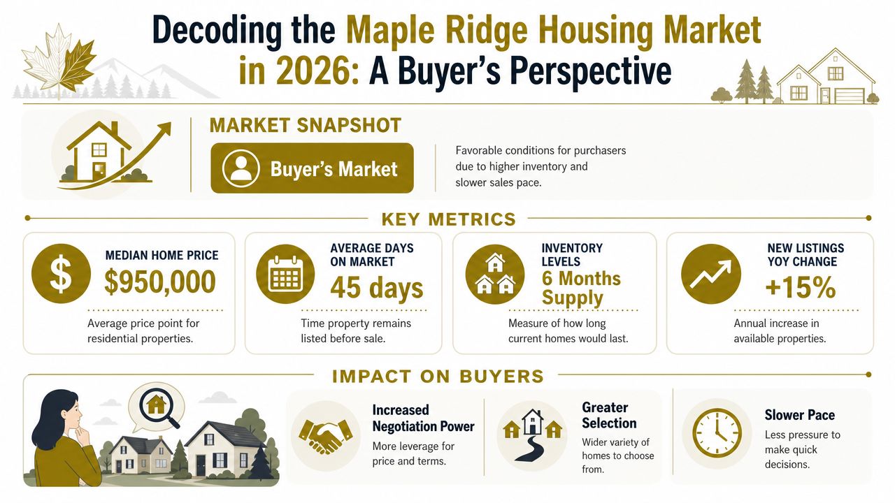 An infographic titled Decoding the Maple Ridge Housing Market in 2026 summarizing key real estate statistics.