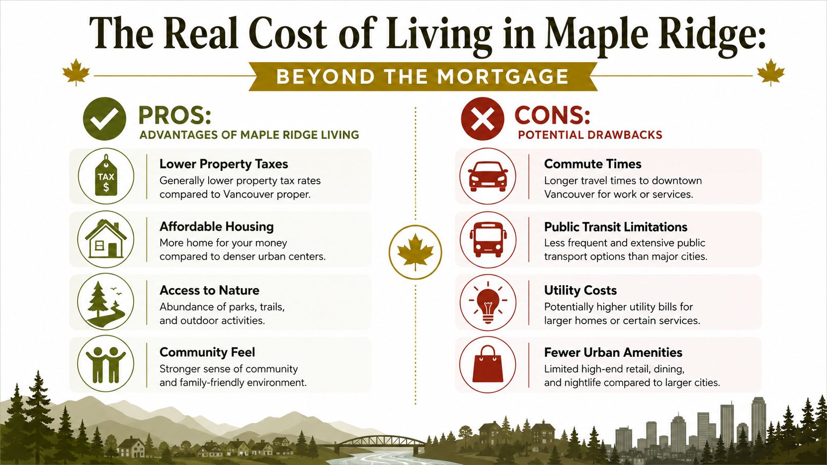 A comparison infographic detailing the pros and cons of living in Maple Ridge, British Columbia.