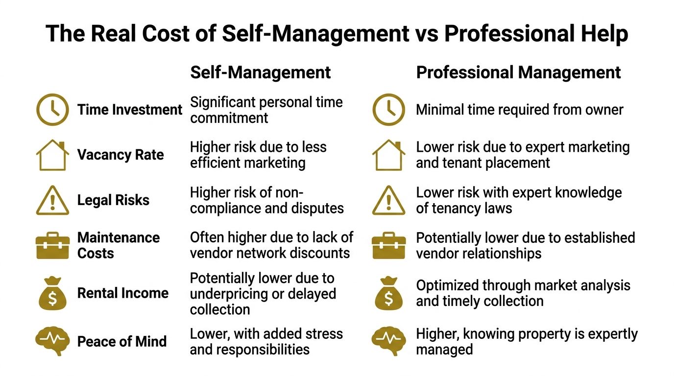 A comparison chart outlining the pros and cons of self-management versus professional property management services.