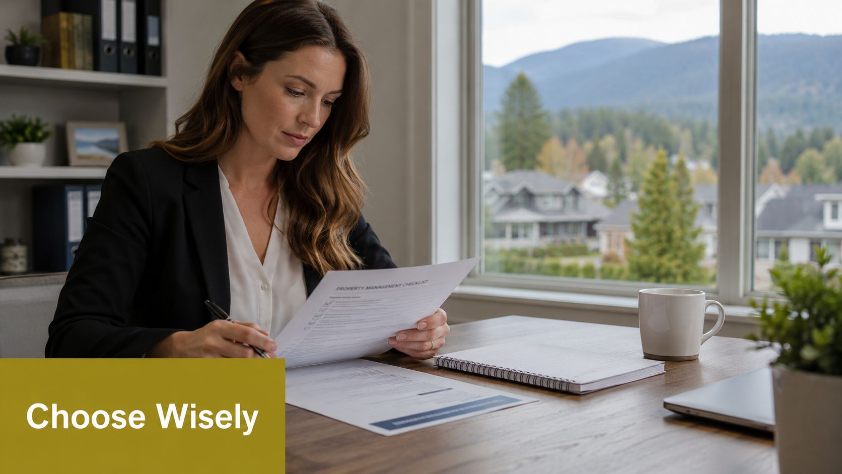 A professional woman in a business suit reviewing a property management checklist at a desk in her office.
