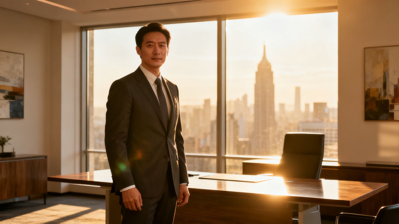 Real estate professional in office with cityscape view.