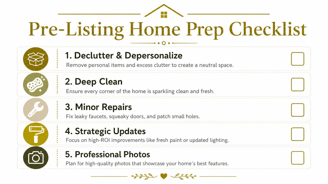 A professional checklist outlining five essential steps to prepare a residential property for a real estate sale.