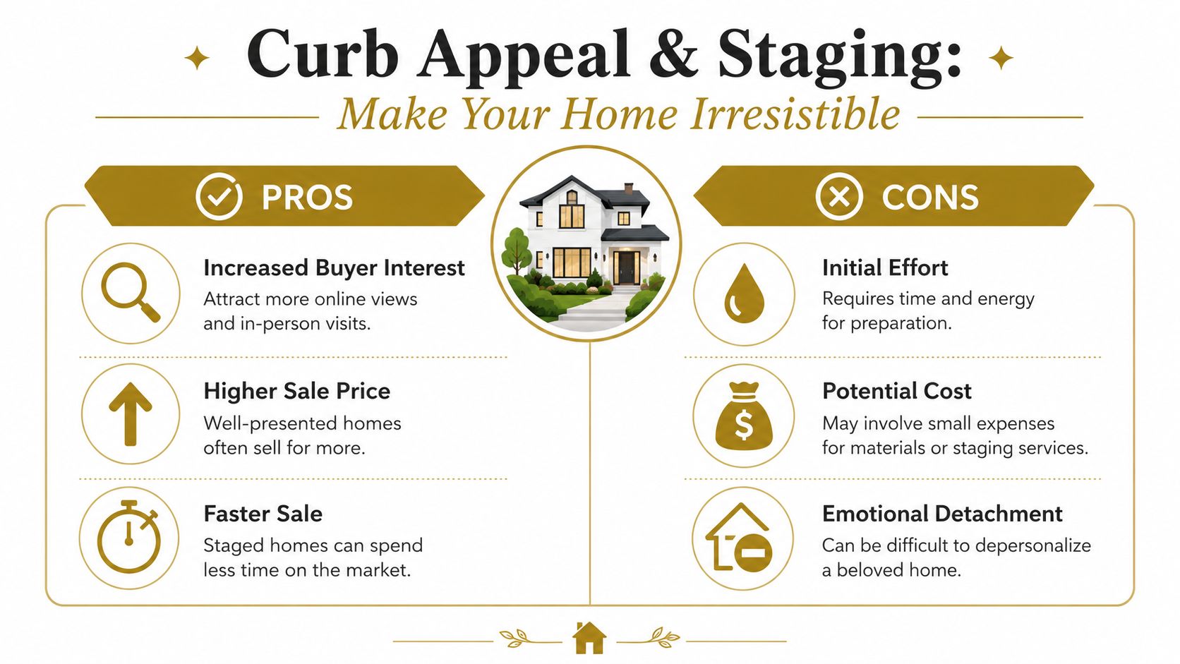An infographic comparing the pros and cons of home staging and curb appeal for sellers.