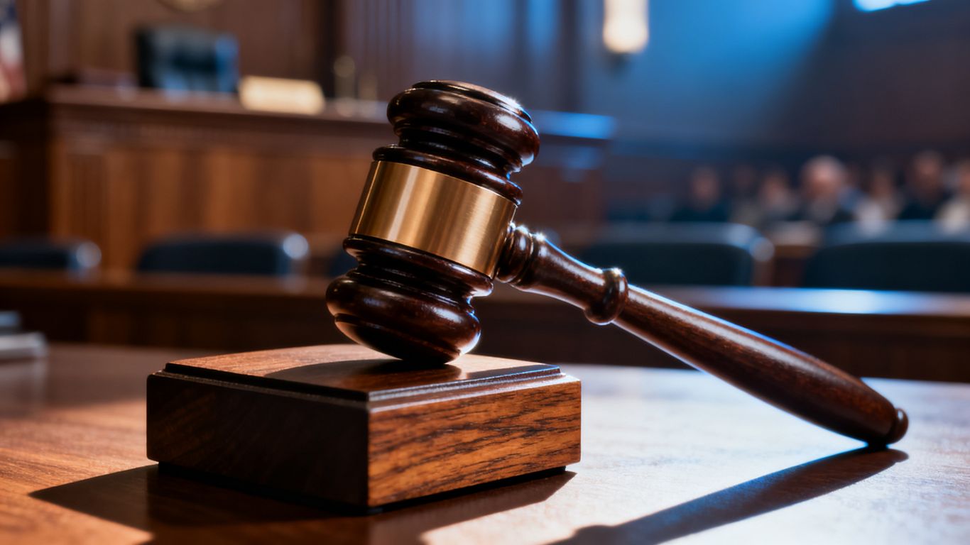 Gavel striking a block in a courtroom.
