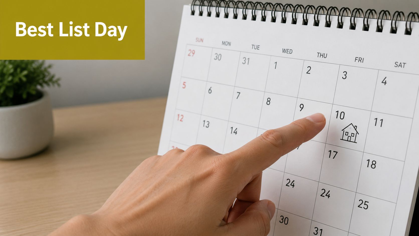 A person pointing at the tenth day of a calendar with a small house icon drawn on it.