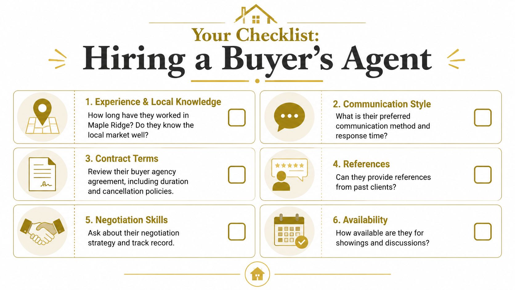 A helpful checklist infographic titled Hiring a Buyer's Agent, outlining six key factors for home buyers.
