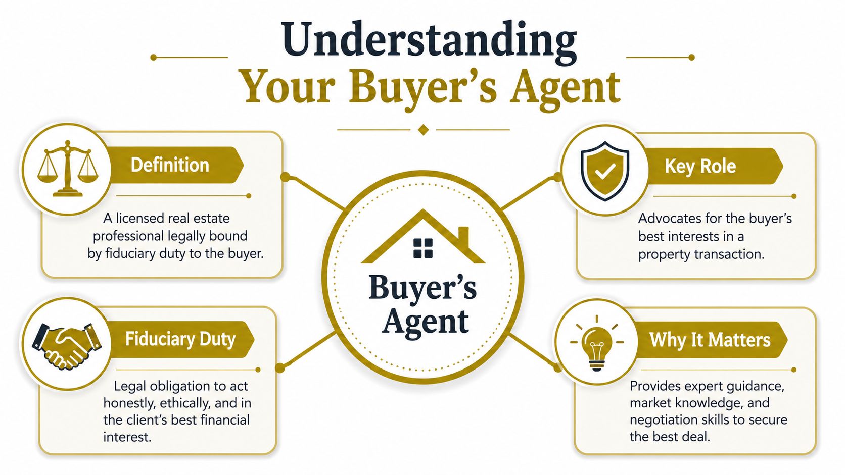 An infographic titled Understanding Your Buyer's Agent, explaining their definition, key role, fiduciary duty, and importance.