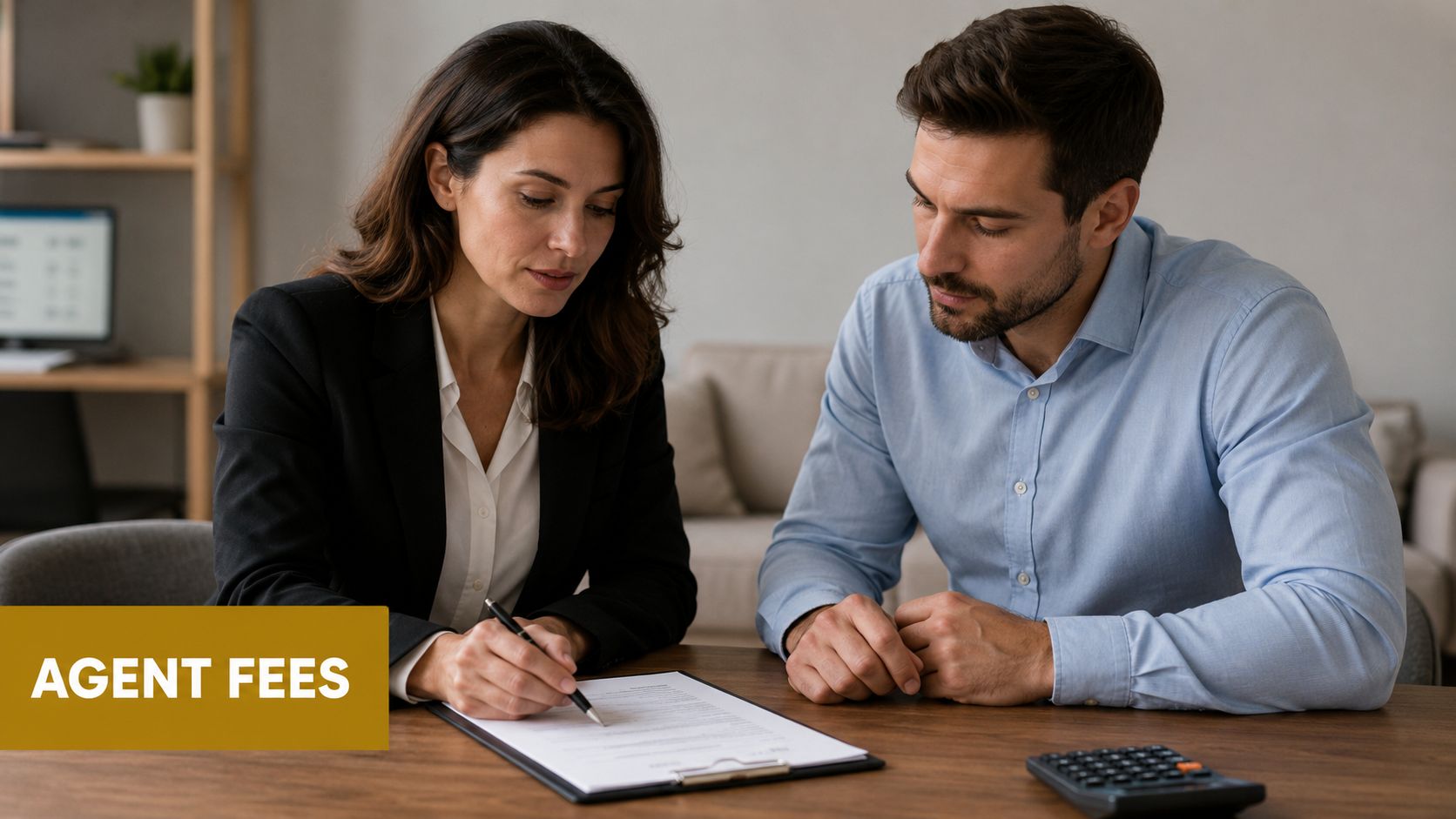 A professional woman in a suit signs a document while a man watches during a consultation.