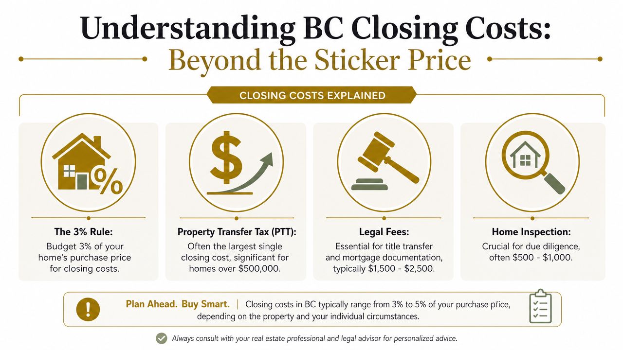 An infographic titled Understanding BC Closing Costs explaining common expenses like PTT, legal fees, and home inspections.