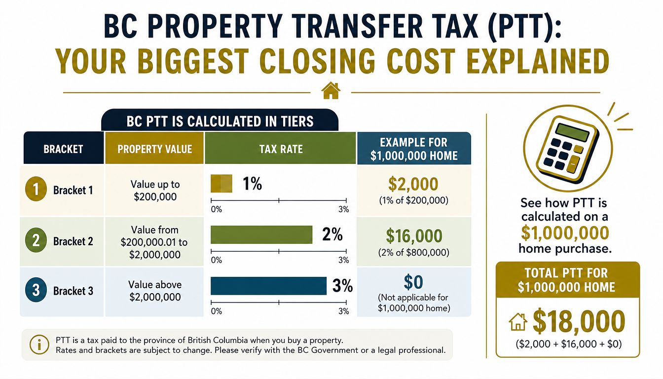 A chart explaining the tiered tax rates for BC property transfer tax calculations on home purchases.