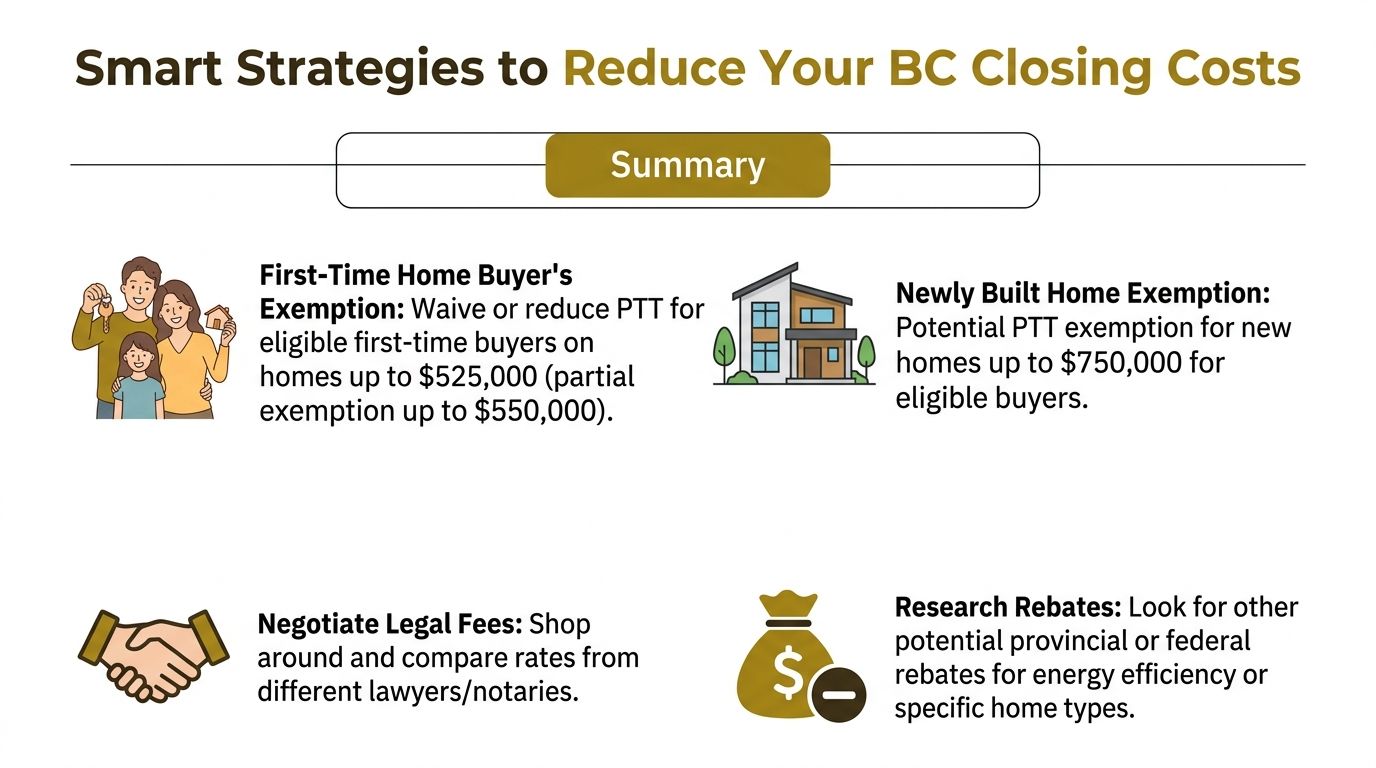 A visual guide summarizing four smart strategies to reduce real estate closing costs in British Columbia.