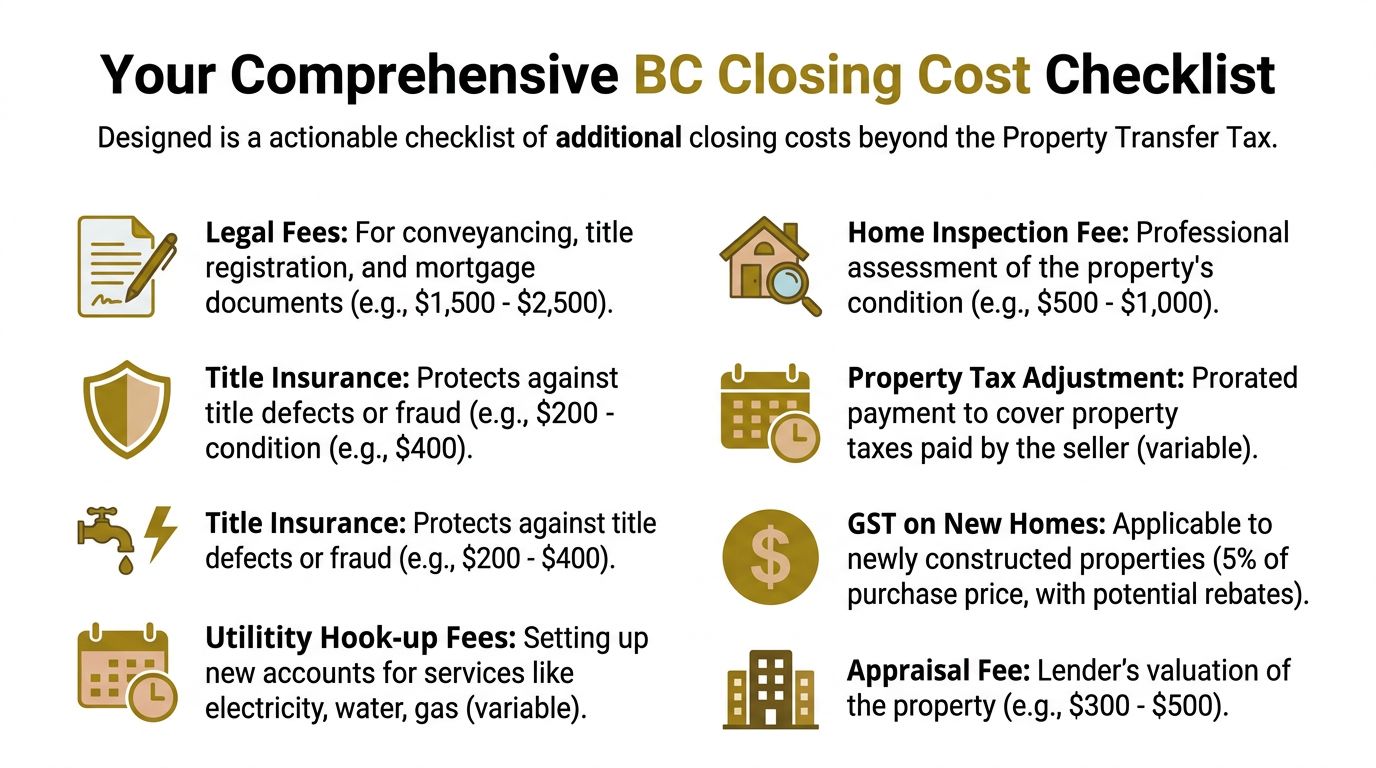 A checklist infographic detailing various additional closing costs for purchasing a home in British Columbia, Canada.
