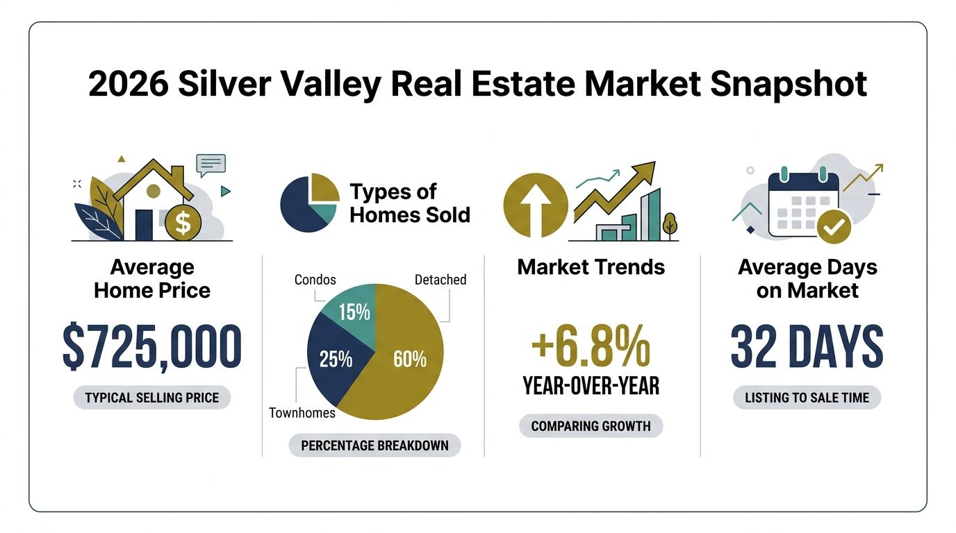 An infographic showing 2026 real estate market statistics for Silver Valley including average price and market growth.